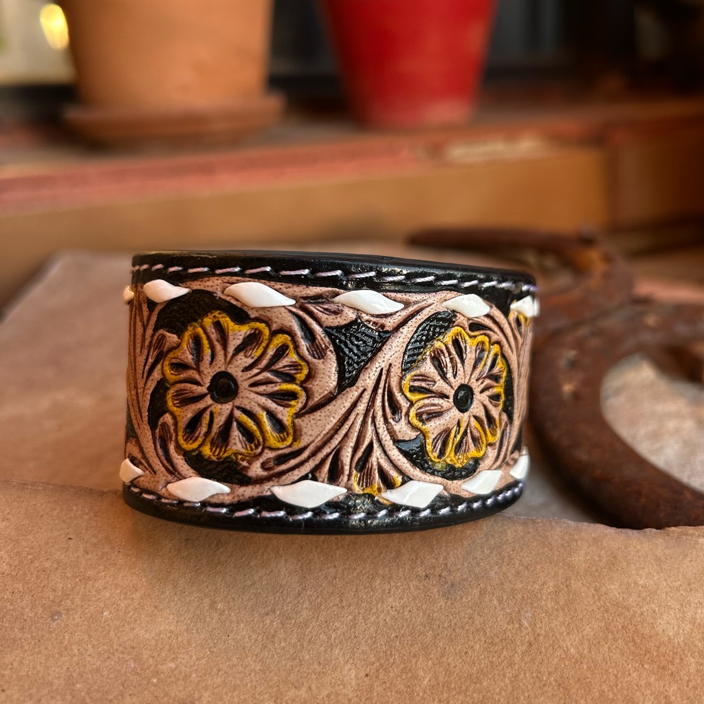 Western Leather Tooled Floral Embossed Cuff Bracelet - Black And Brown Nwt